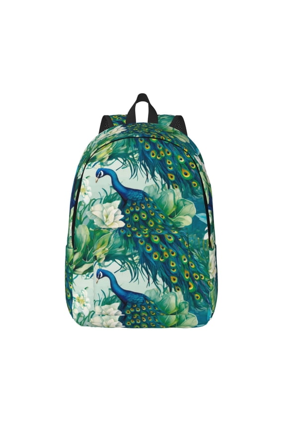 Peacock And Flowers Printed Canvas Daypack - Stylish and Durable Vintage Compact Backpack - Class, Work, Travel, or Laptop Bookbag,Organized Compartments-Medium