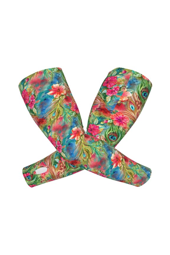 Peacock Feathers And Flowers Arm Sleeves for Men and Women - Tattoo Cover Up UPF 50+ Cooling Sports Sleeve for Basketball Golf Football-One Size