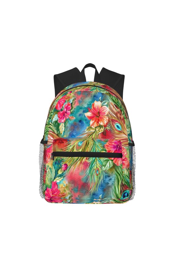 Peacock Feathers And Flowers Large Capacity Backpack Classic Style Backpack Casual Backpack Water-Resistant School Work Travel Outdoor Backpack