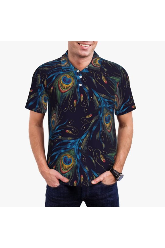 Peacock Feathers Print Men's Polo Shirt, Two-Button Closure Pique Polo Shirt, Summer Fashion Golf Shirt-Large