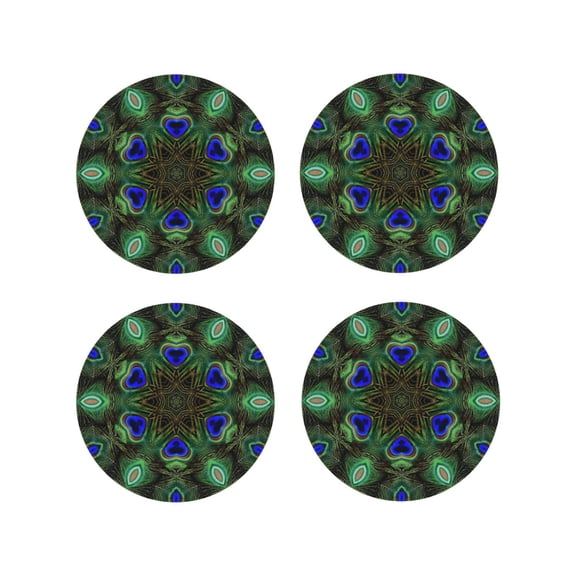 Picia Peacock Feathers Printed Leather Coasters for Drinks, 4" Drink Coasters Set of 4 for Tabletop Protection, Handmade Luxurious Home Décor and Housewarming Gift -Round Shape