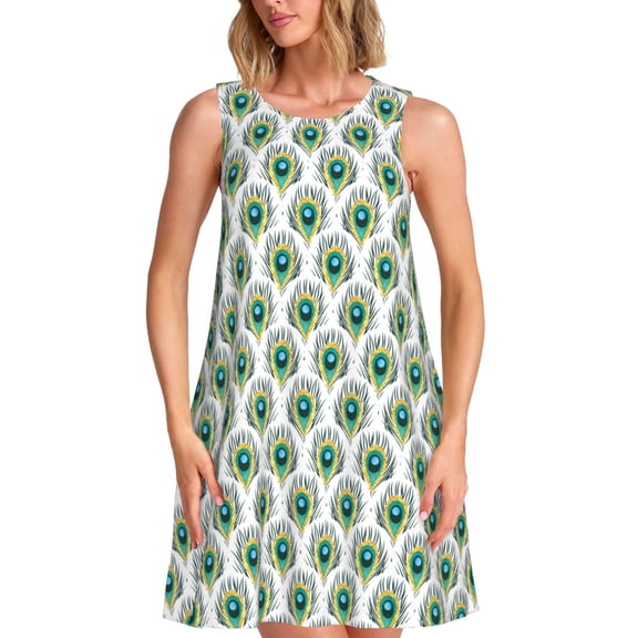 Picia Peacock Feathers1 Print Women’s Sleeveless Midi Swing Dress – A-Line Pleated Tank Sundress, Comfortable and Flowy T-Shirt Dress