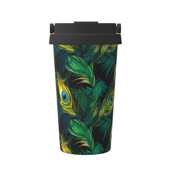 Picia Peacock Feathers2 Pattern 500ml Carry Insulated Coffee Mug, Stainless Steel Travel Mug with Hidden Handle, Leak-Proof for Car, Office, Home, and Outdoor Use