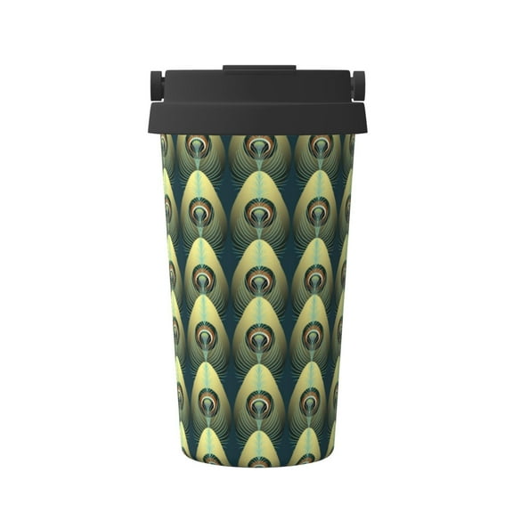 Picia Peacock Gold Feather Pattern 500ml Carry Insulated Coffee Mug, Stainless Steel Travel Mug with Hidden Handle, Leak-Proof for Car, Office, Home, and Outdoor Use