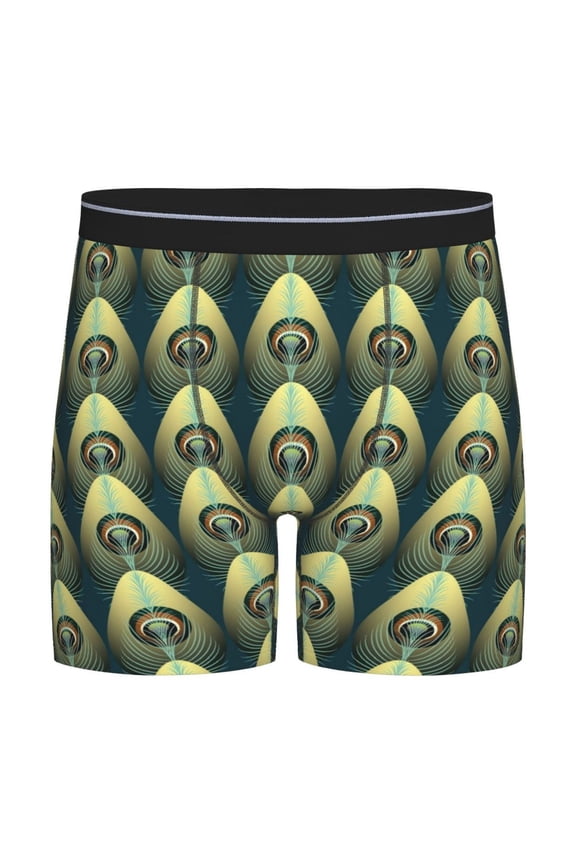 Peacock Gold Feather Pattern Men's Athletic Long Leg Briefs , Performance Stretch Underwear,Moisture-Wicking