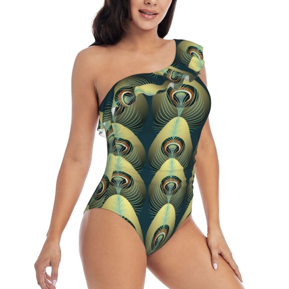 Picia Peacock Gold Feather Pattern Women's One Piece Swimsuits,One Shoulder Swimwear Asymmetric ,Ruffle Monokinis Bathing Suits,High Waisted Flattering Bathing Suits-Large