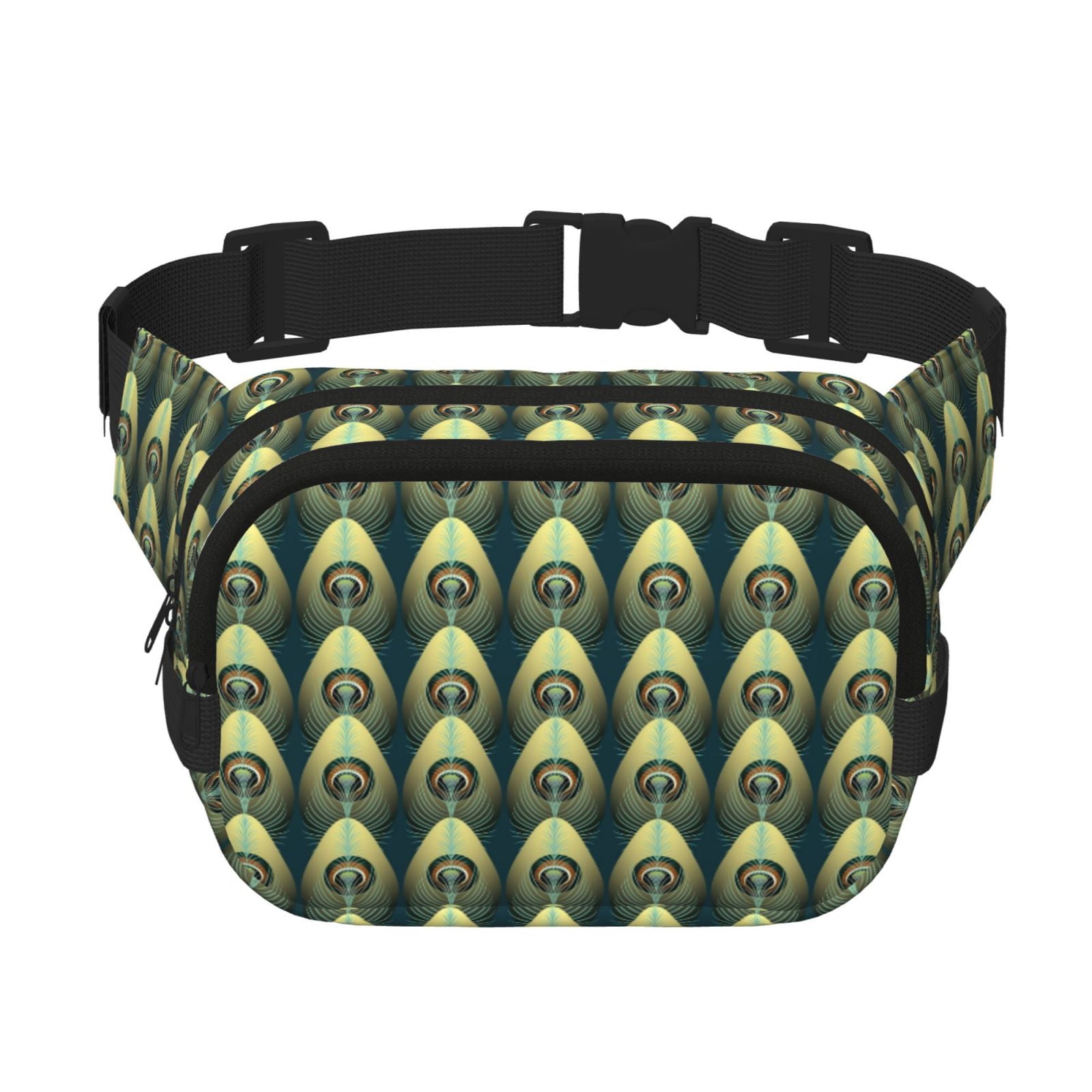 Picia Peacock Gold Feather Print Square Double-Layer Waist Bag Mini Adjustable Waist Belt Bag Exercise Running Travel Hiking