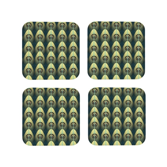 Picia Peacock Gold Feather Printed Leather Coasters for Drinks, 4" Drink Coasters Set of 4 for Tabletop Protection, Handmade Luxurious Home Décor and Housewarming Gift -Square