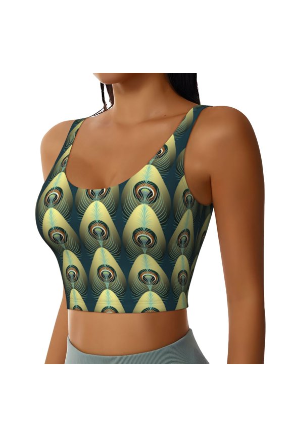 Peacock Gold Feather Sports Bra for Women,Padded Strappy Sports Bras Medium Support Yoga Bra with Removable Cups,Running Yoga Bra-X-Large