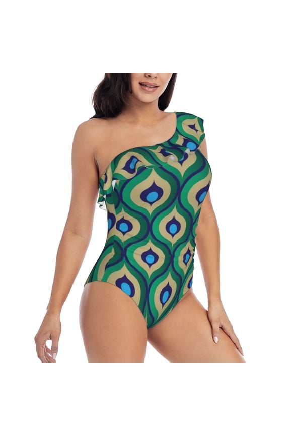 Peacock'S Tail Pattern Women's One Piece Swimsuits,One Shoulder Swimwear Asymmetric ,Ruffle Monokinis Bathing Suits,High Waisted Flattering Bathing Suits-Medium