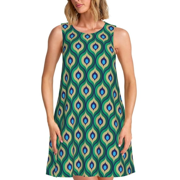 Picia Peacock'S Tail Print Women’s Sleeveless Midi Swing Dress – A-Line Pleated Tank Sundress, Comfortable and Flowy T-Shirt Dress