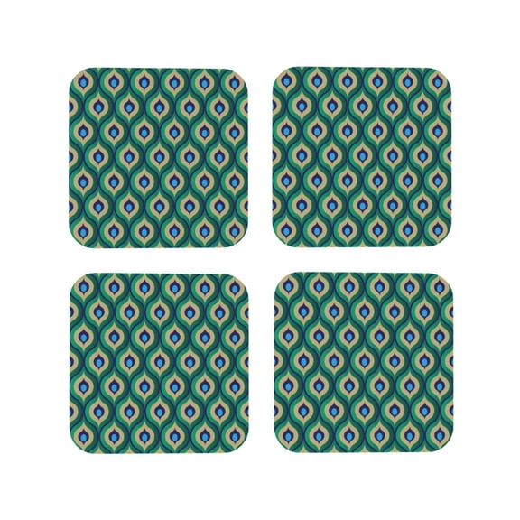 Picia Peacock'S Tail Printed Leather Coasters for Drinks, 4" Drink Coasters Set of 4 for Tabletop Protection, Handmade Luxurious Home Décor and Housewarming Gift -Square