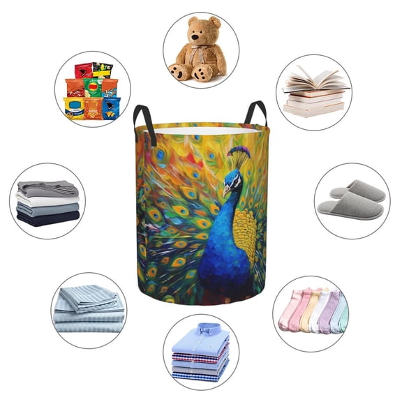Picia Peacocks Large Laundry Basket, Waterproof, Freestanding Laundry Hamper, Collapsible Tall Clothes Hamper with Extended Handles-Small