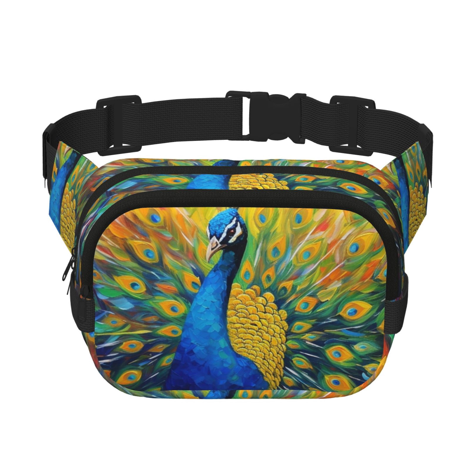 Picia Peacocks Print Square Double-Layer Waist Bag Mini Adjustable Waist Belt Bag Exercise Running Travel Hiking