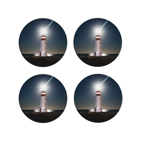 Picia Peggy's Cove Lighthouse Printed Leather Coasters for Drinks, 4" Drink Coasters Set of 4 for Tabletop Protection, Handmade Luxurious Home Décor and Housewarming Gift -Round Shape