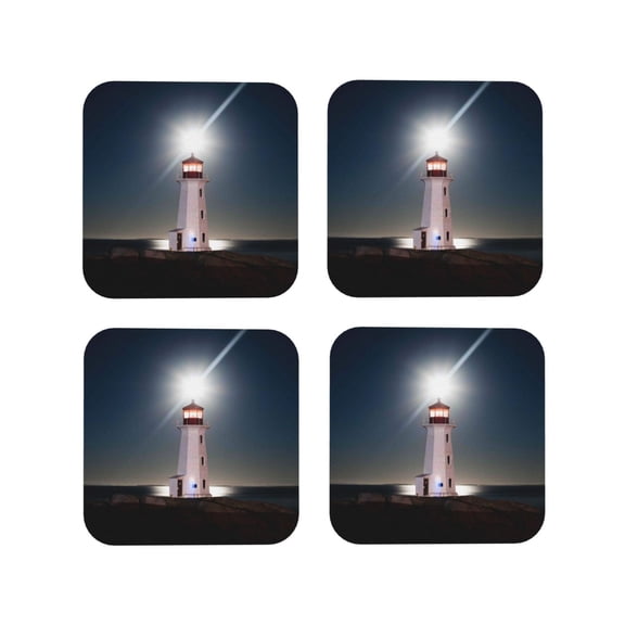 Picia Peggy's Cove Lighthouse Printed Leather Coasters for Drinks, 4" Drink Coasters Set of 4 for Tabletop Protection, Handmade Luxurious Home Décor and Housewarming Gift -Square