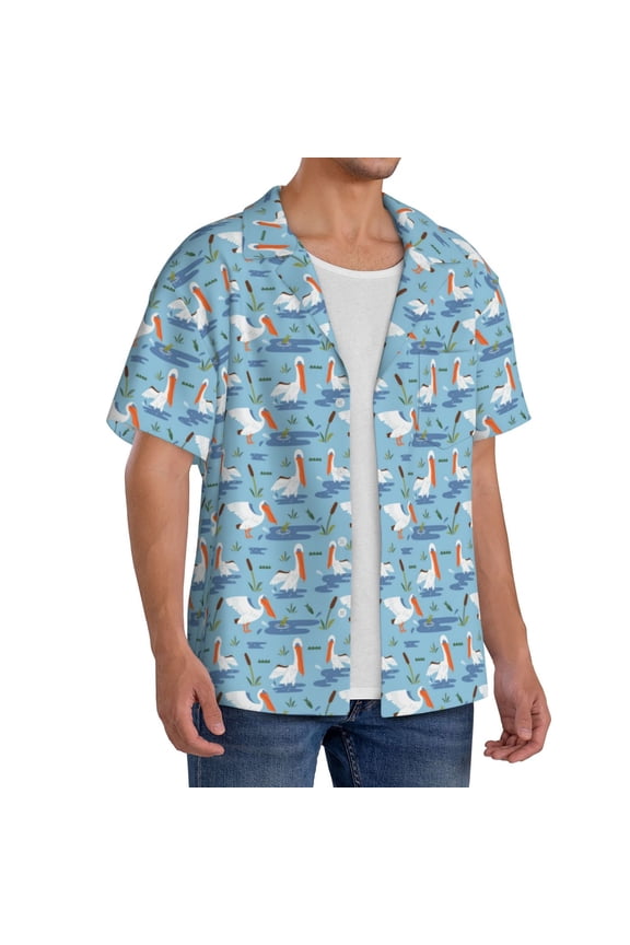 Pelican Reed And Fish Men's Linen Shirts Short Sleeve Cuban Beach Shirts Casual Shirts Button Down Shirt for Men Beach Summer Wedding Shirt-Small