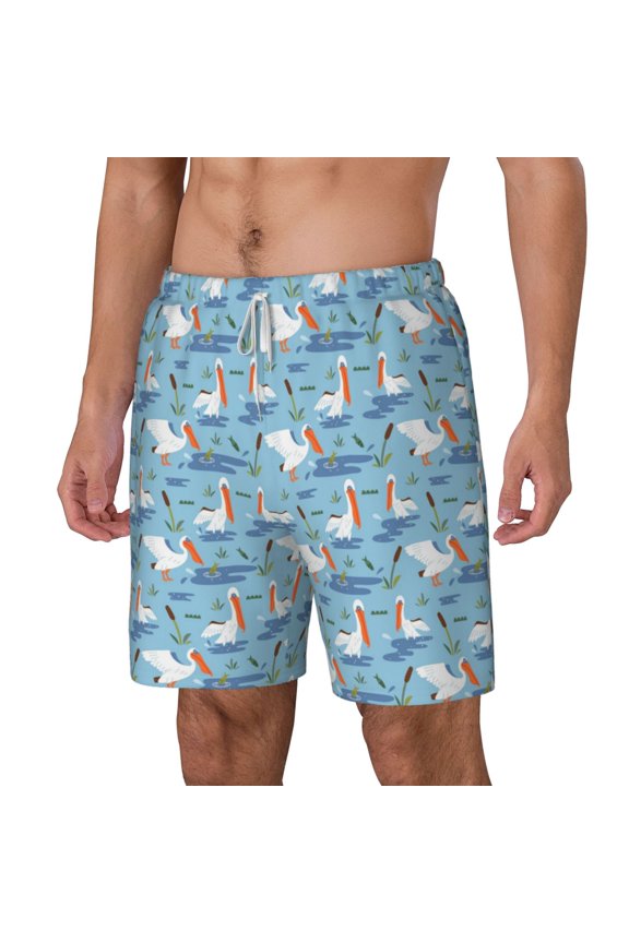 Pelican Reed And Fish pattern Mens Swim Trunks with Compression Liner Stretch Beach Shorts Quick Dry with Zipper Pockets No-Chafing Board Shorts-Medium
