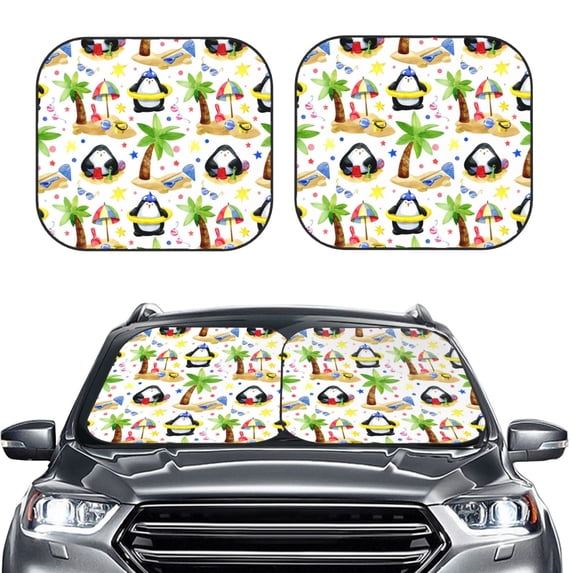 Picia Penguins On The Beach 2 Piece Car Windshield Sun Shade Foldable | Foldable Sun Shield for Front Window Blocks UV Rays and Keeps Your Vehicle Cool-Small