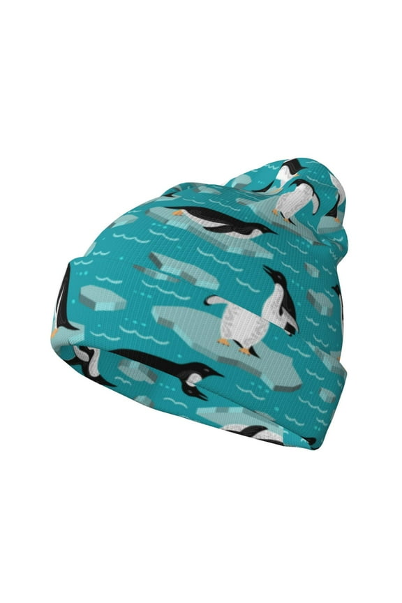 Penguins On The Ice In The Sea Pattern Knitted Beanie Hat for Men and Women , Unisex Winter Warm Stretchy Knit Cap Thick Fisherman Beanies Cuffed Plain Skull Caps