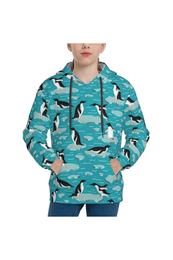 Penguins On The Ice In The Sea Pattern Youth Hoodie - Warm Pullover Sweatshirt with Kangaroo Pocket, Ideal for Boys and Girls-Large