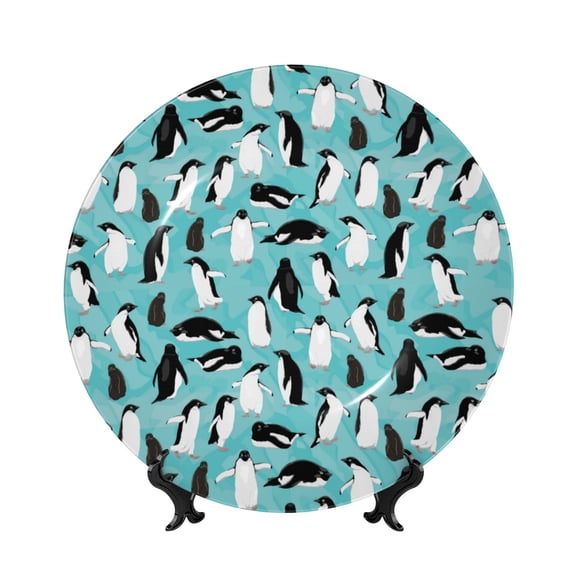 Picia Penguins Pattern Bone China Decorative Plate – Wall Decor with Stand and Adhesive, Elegant Ornament for Living Room, Office, or Entryway-8in