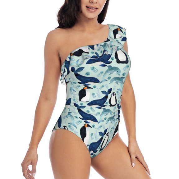Picia Penguins Whales Pattern Women's One Piece Swimsuits,One Shoulder Swimwear Asymmetric ,Ruffle Monokinis Bathing Suits,High Waisted Flattering Bathing Suits-Medium