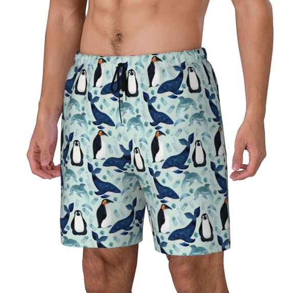 Picia Penguins Whales pattern Mens Swim Trunks with Compression Liner Stretch Beach Shorts Quick Dry with Zipper Pockets No-Chafing Board Shorts-XX-Large