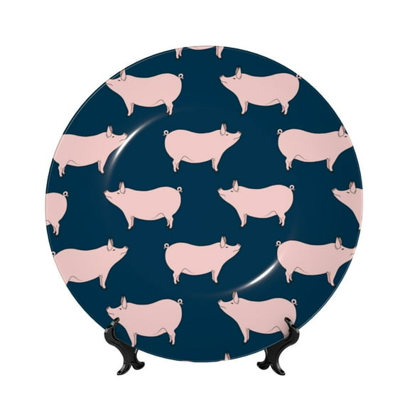 Picia Pig 1 Pattern Bone China Decorative Plate – Wall Decor with Stand and Adhesive, Elegant Ornament for Living Room, Office, or Entryway-7in