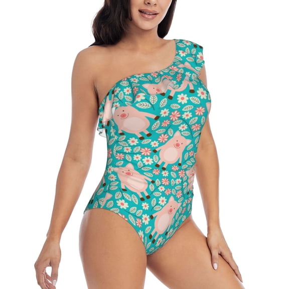Picia Pig And Flower Pattern Women's One Piece Swimsuits,One Shoulder Swimwear Asymmetric ,Ruffle Monokinis Bathing Suits,High Waisted Flattering Bathing Suits-Large