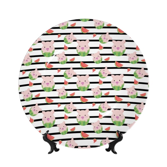 Picia Pig And Watermelon Pattern Bone China Decorative Plate – Wall Decor with Stand and Adhesive, Elegant Ornament for Living Room, Office, or Entryway-6in