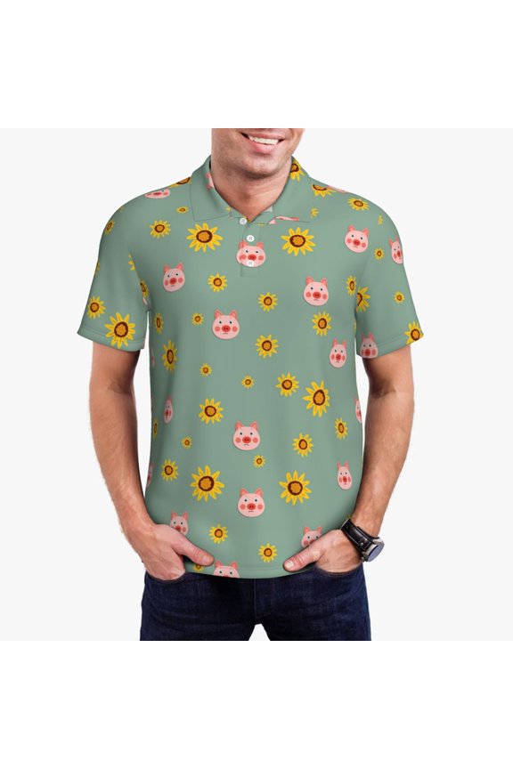 Pig Face With Sunflower Print Men's Polo Shirt, Two-Button Closure Pique Polo Shirt, Summer Fashion Golf Shirt-Large