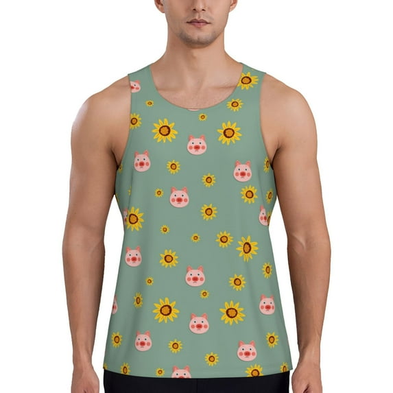 Picia Pig Face With Sunflower Printed Men’s Performance Tank, Men's Workout Tank Top Moisture-Wicking Tank Top Muscle tee, Breathable Workout Shirt-Medium