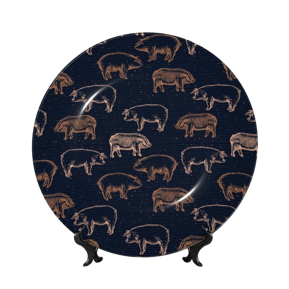 Picia Pig Farm Pattern Bone China Decorative Plate – Wall Decor with Stand and Adhesive, Elegant Ornament for Living Room, Office, or Entryway-6in
