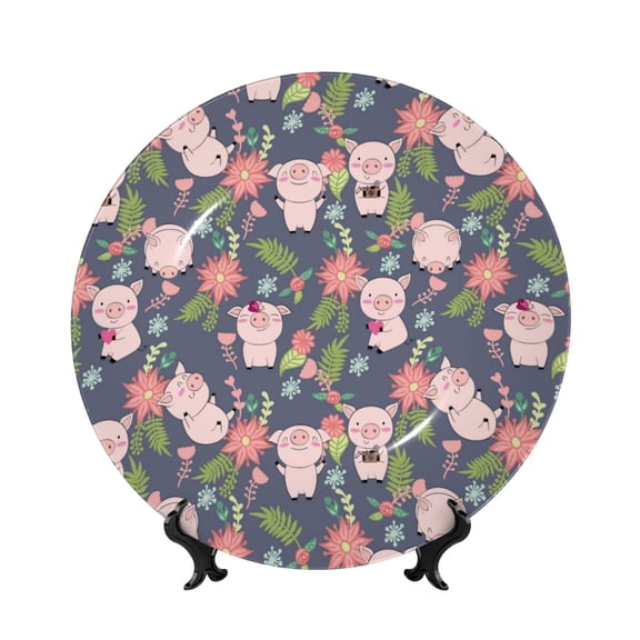 Picia Pigs 1 Pattern Bone China Decorative Plate – Wall Decor with Stand and Adhesive, Elegant Ornament for Living Room, Office, or Entryway-7in