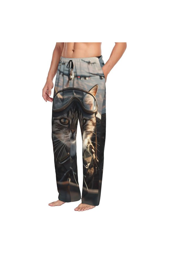 Pilot Cat In Vintage Plane Mens Soft Woven Cotton Elastic Waistband Sleep Pajama Pant Lounge Sleep Pant With Pockets And Drawstring-Medium