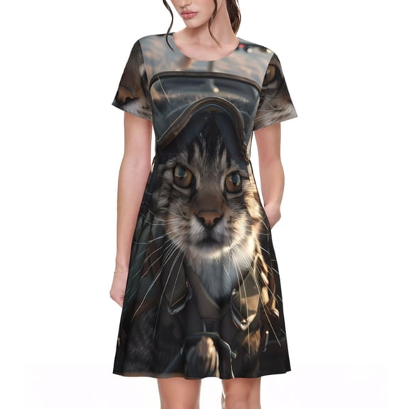 Picia Pilot Cat In Vintage Plane Pattern Women's Short Sleeve Summer Dress Pleated Loose Swing Knee Length Short Sleeve Swing Dresses