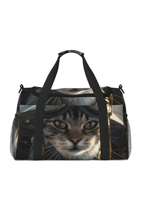 Pilot Cat In Vintage Plane Print Travel Duffle Bag,Weekender Bags for Women with Shoe Compartment, Gym Duffel Bag with Wet Pocket, Hospital Bags for Labor and Delivery