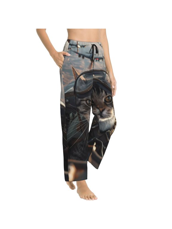 Pilot Cat In Vintage Plane Womens Soft Woven Cotton Elastic Waistband Sleep Pajama Pant Lounge Sleep Pant With Pockets And Drawstring-Small