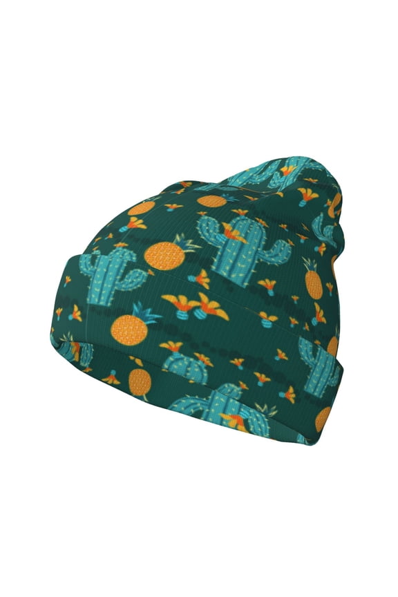 Pineapple And Cactus Pattern Knitted Beanie Hat for Men and Women , Unisex Winter Warm Stretchy Knit Cap Thick Fisherman Beanies Cuffed Plain Skull Caps