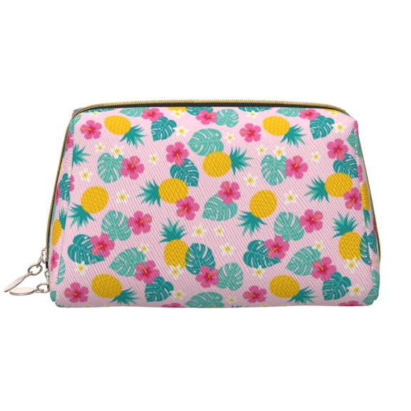Picia Pineapple And Leaves Print Leather Makeup Bag Make Up Bag Travel Toiletry Bag for Her Girlfriend Teacher Teen Girl Gifts