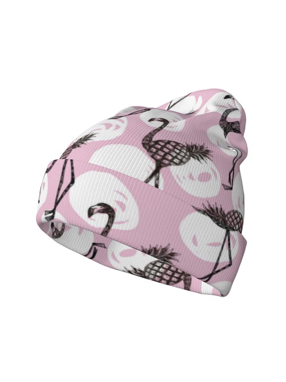 Pineapple Flamingo Pattern Knitted Beanie Hat for Men and Women , Unisex Winter Warm Stretchy Knit Cap Thick Fisherman Beanies Cuffed Plain Skull Caps