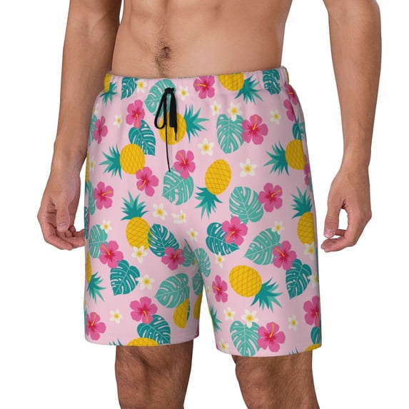Picia Pineapple And Leaves pattern Mens Swim Trunks with Compression Liner Stretch Beach Shorts Quick Dry with Zipper Pockets No-Chafing Board Shorts-