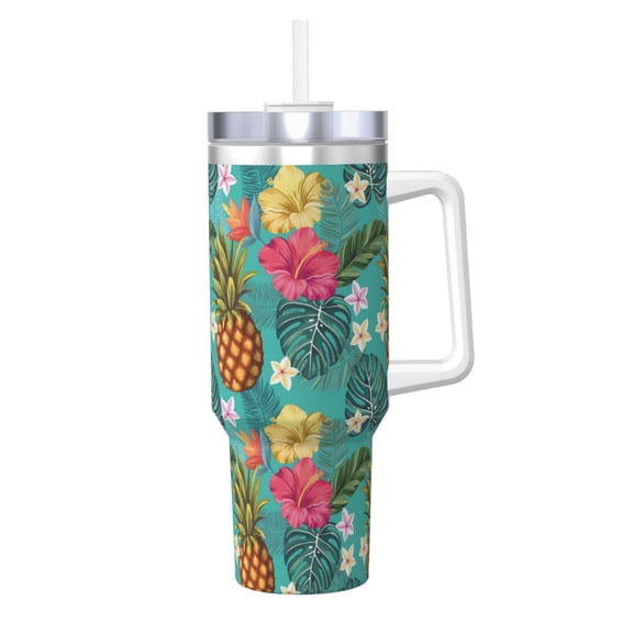 Picia Pineapple Pattern 40oz Ice Bully Insulated Tumbler with Handle, Double-Wall Stainless Steel Cup, Leak-Proof Lid and Straw