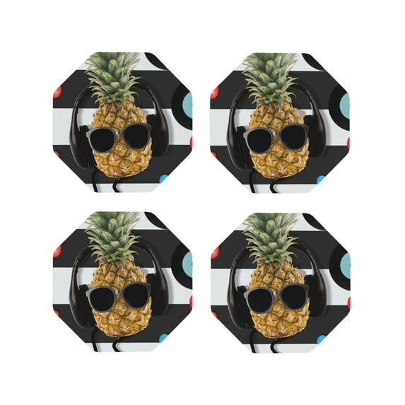 Picia Pineapple With Black Glasses Printed Leather Coasters for Drinks, 4" Drink Coasters Set of 4 for Tabletop Protection, Handmade Luxurious Home Décor and Housewarming Gift -Octagon