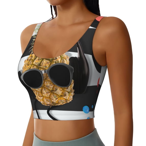 Picia Pineapple With Black Glasses Sports Bra for Women,Padded Strappy Sports Bras Medium Support Yoga Bra with Removable Cups,Running Yoga Bra-Medium