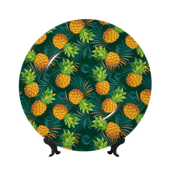 Picia Pineapples with Palm Leaves Pattern Bone China Decorative Plate – Wall Decor with Stand and Adhesive, Elegant Ornament for Living Room, Office, or Entryway-7in
