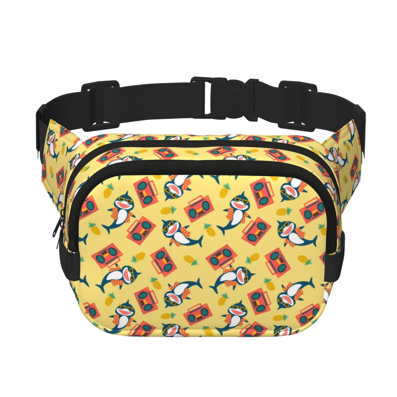 Picia Pineapples Sharks In Hawaiian Print Square Double-Layer Waist Bag Mini Adjustable Waist Belt Bag Exercise Running Travel Hiking