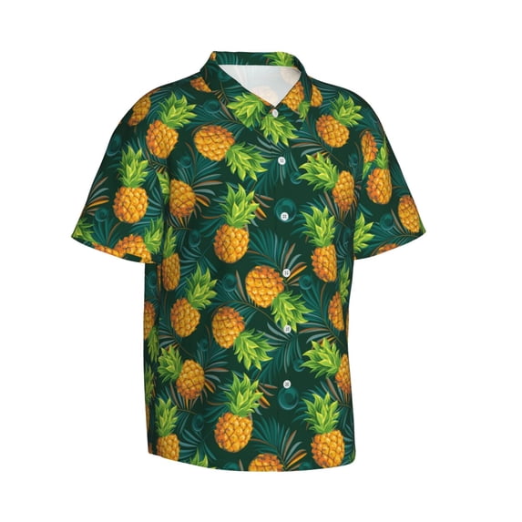 Picia Pineapples with Palm Leaves Gentle Cotton Regular Fit Short Sleeve Casual Hawaiian Shirt for Men-XX-Large