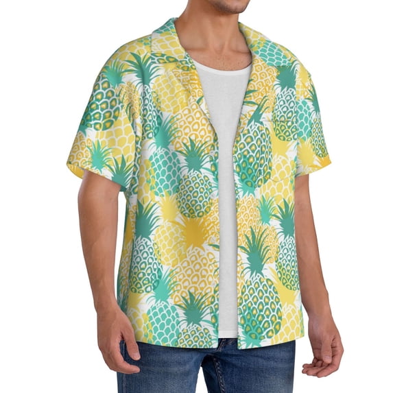 Picia Pineapples1 Men's Linen Shirts Short Sleeve Cuban Beach Shirts Casual Shirts Button Down Shirt for Men Beach Summer Wedding Shirt-X-Large